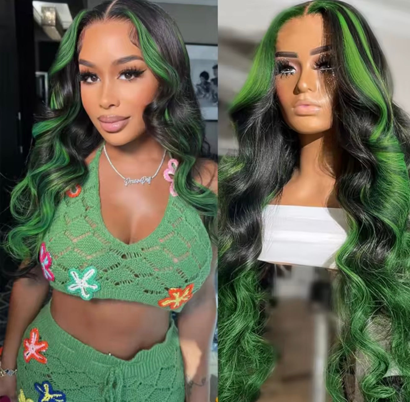 Black & Green Body Wave HD Lace Front Human Hair Wig
