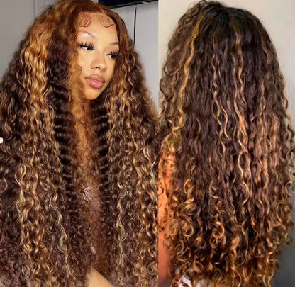Honey Brown Highlights Deep Wave HD Lace Front Human Hair Wig