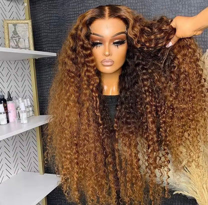 Honey Brown Highlights Deep Wave HD Lace Front Human Hair Wig